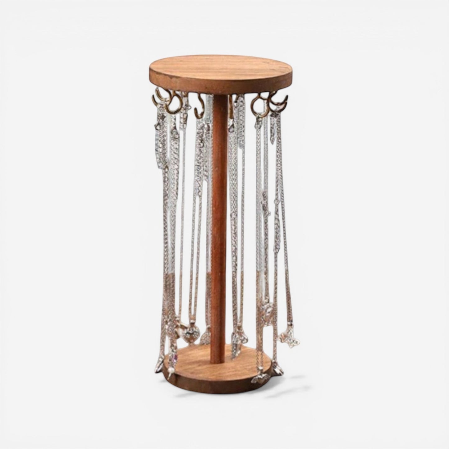 Présentoir à bijoux en bois couleur pêche avec 12 crochets pour organiser colliers et accessoires.