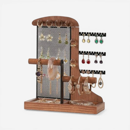 Présentoir à bijoux en bois rotatif idéal pour organiser et exposer colliers, bracelets et accessoires avec élégance.