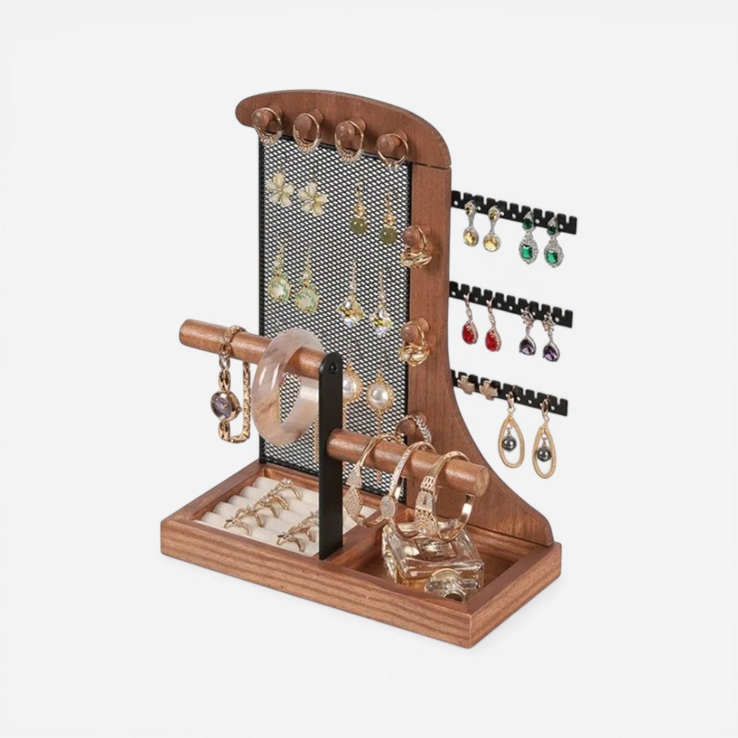 Présentoir à bijoux en bois avec support pour colliers permettant un rangement pratique et sans nœuds.