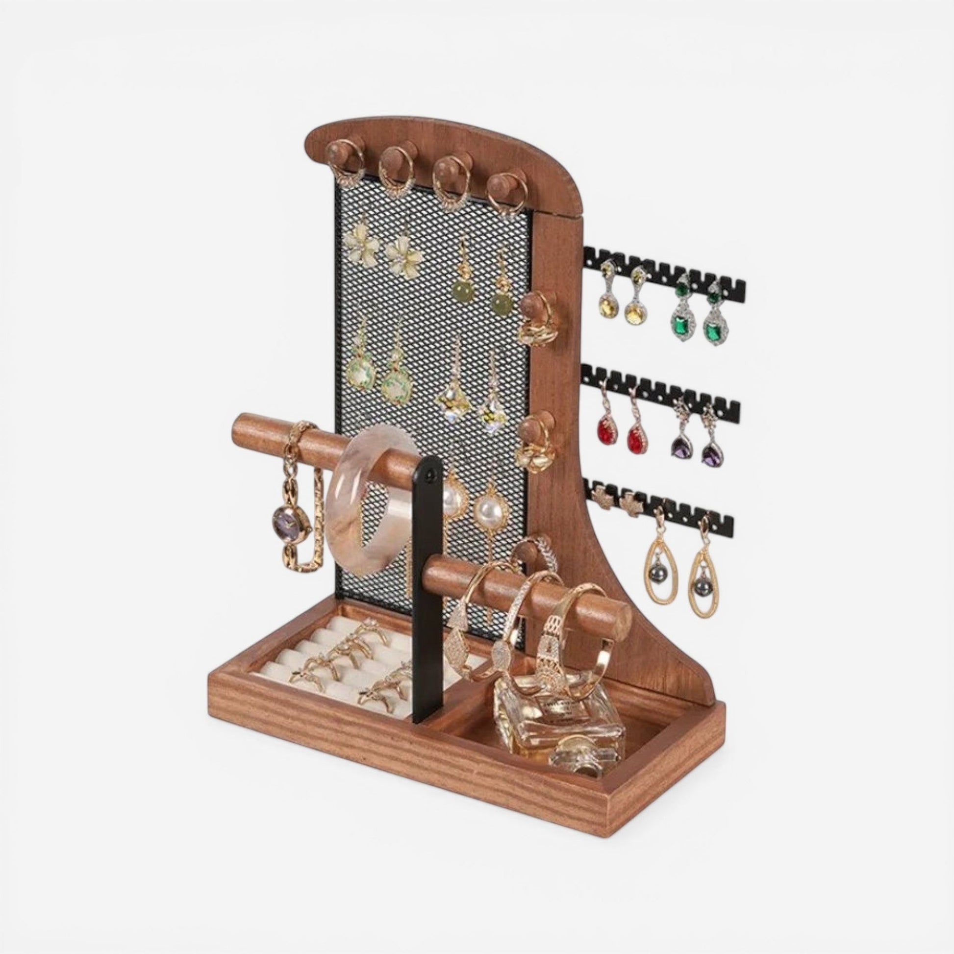 Présentoir à bijoux en bois avec support pour colliers permettant un rangement pratique et sans nœuds.