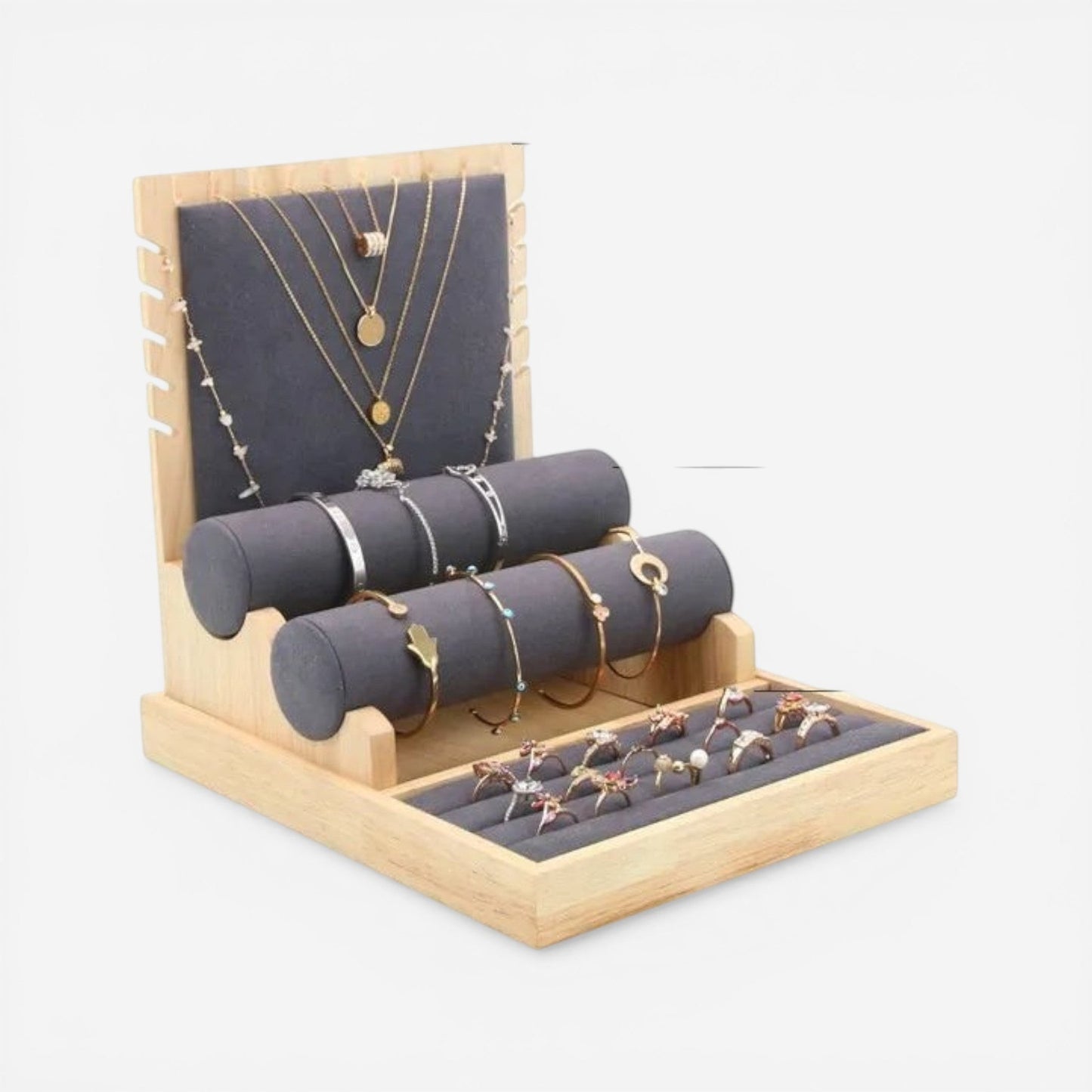 présentoir bijoux en coffret ouvert permettant de ranger et exposer plusieurs bijoux