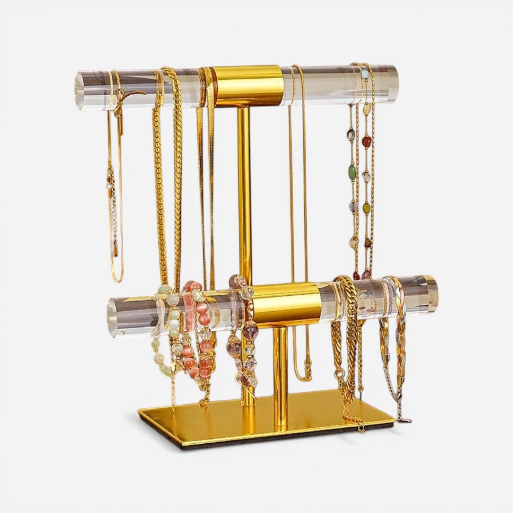 présentoir à bijoux doré design élégant pour exposer colliers et bracelets avec style