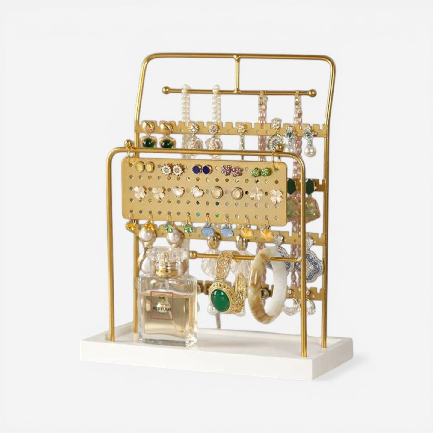 Présentoir à bijoux en métal avec supports pour colliers et boucles d’oreilles, parfait pour un rangement pratique.