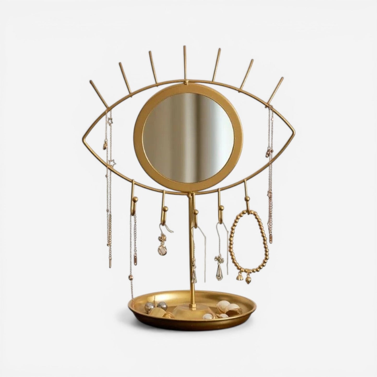présentoir à bijoux en métal doré avec miroir intégré pour organiser colliers et accessoires avec élégance
