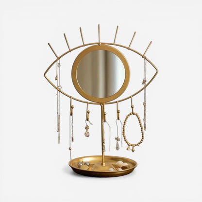 présentoir à bijoux en métal doré avec miroir intégré pour organiser colliers et accessoires avec élégance