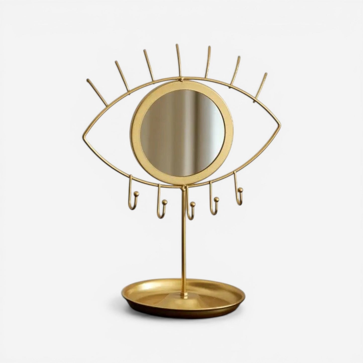 présentoir à bijoux en métal doré design minimaliste avec miroir et support de rangement