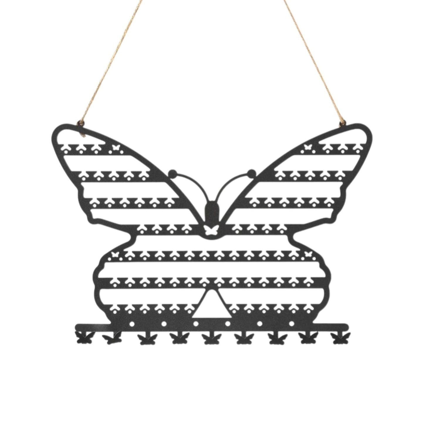 Présentoir à bijoux mural en forme de papillon noir avec rangées pour suspendre les accessoires.