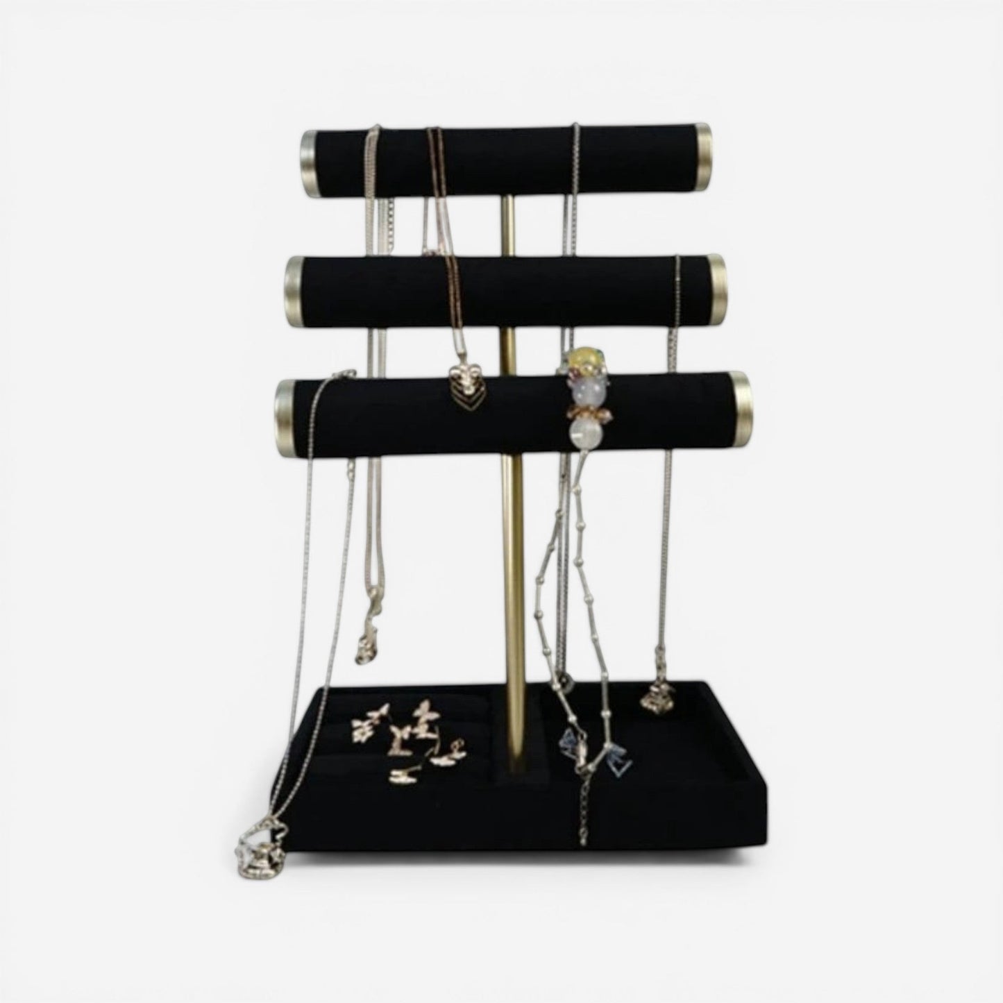 Présentoir de bijoux raffiné noir, au design moderne, parfait pour organiser et mettre en valeur vos bijoux.