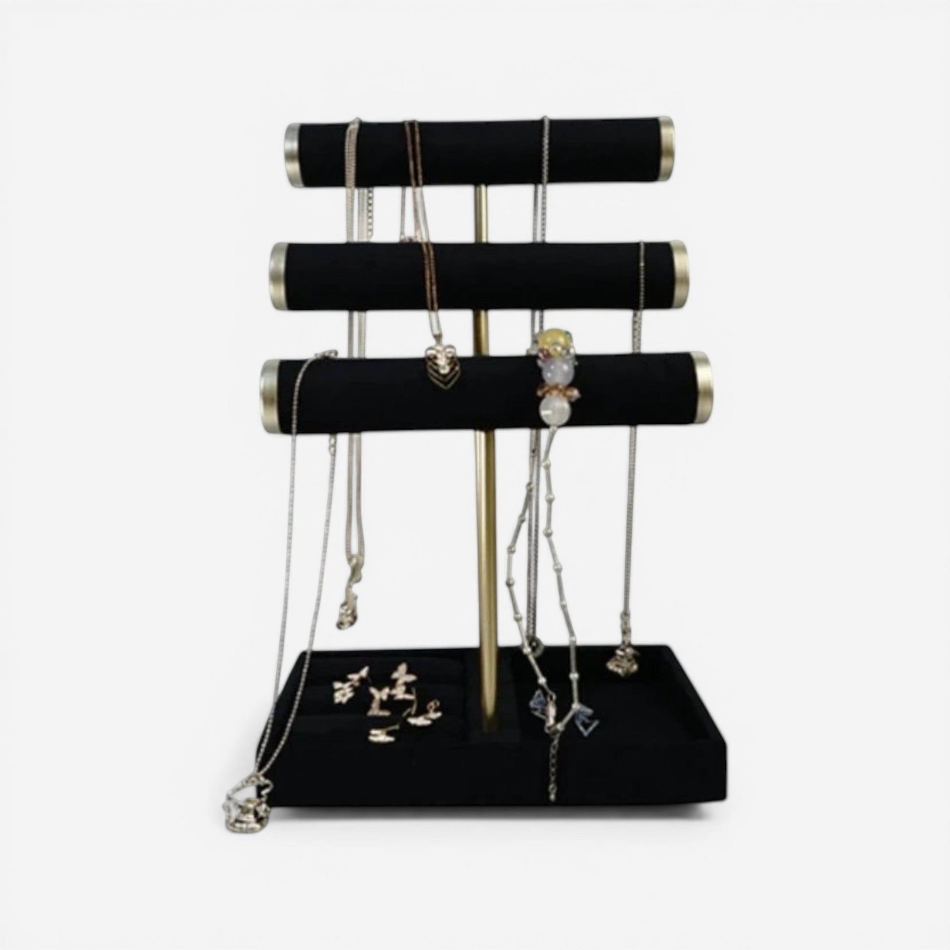 Présentoir de bijoux raffiné noir, au design moderne, parfait pour organiser et mettre en valeur vos bijoux.
