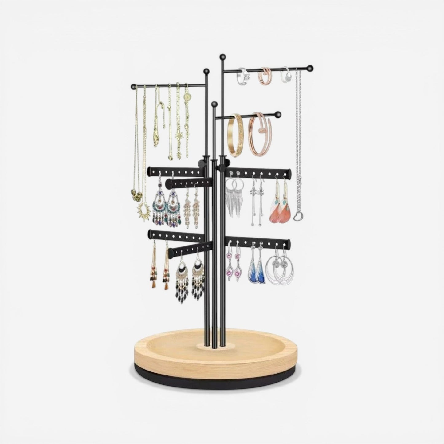 présentoir rotatif pour bijoux avec supports multiples pour organiser colliers bracelets et boucles d’oreilles