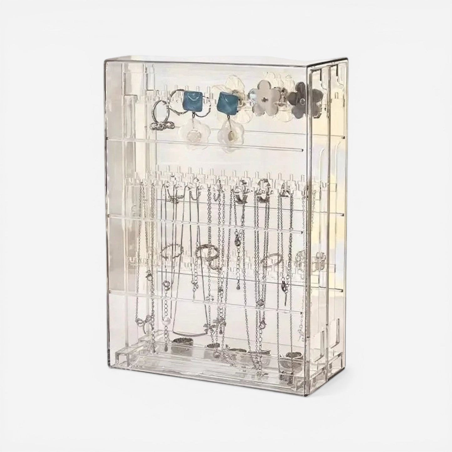 présentoir à bijoux transparent avec boucles d’oreilles et accessoires suspendus