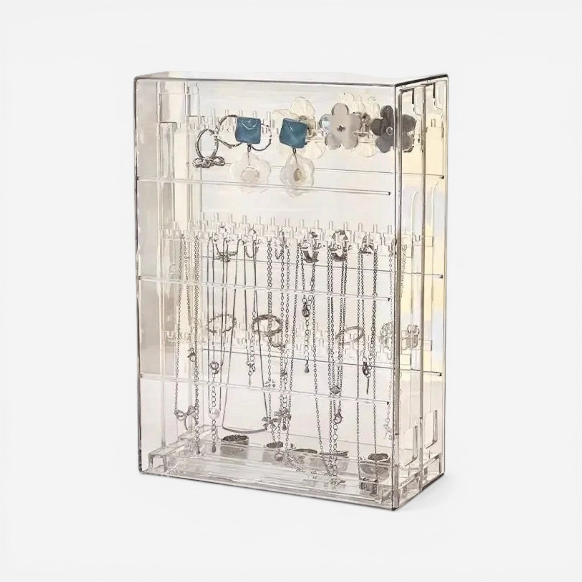 présentoir à bijoux transparent avec boucles d’oreilles et accessoires suspendus