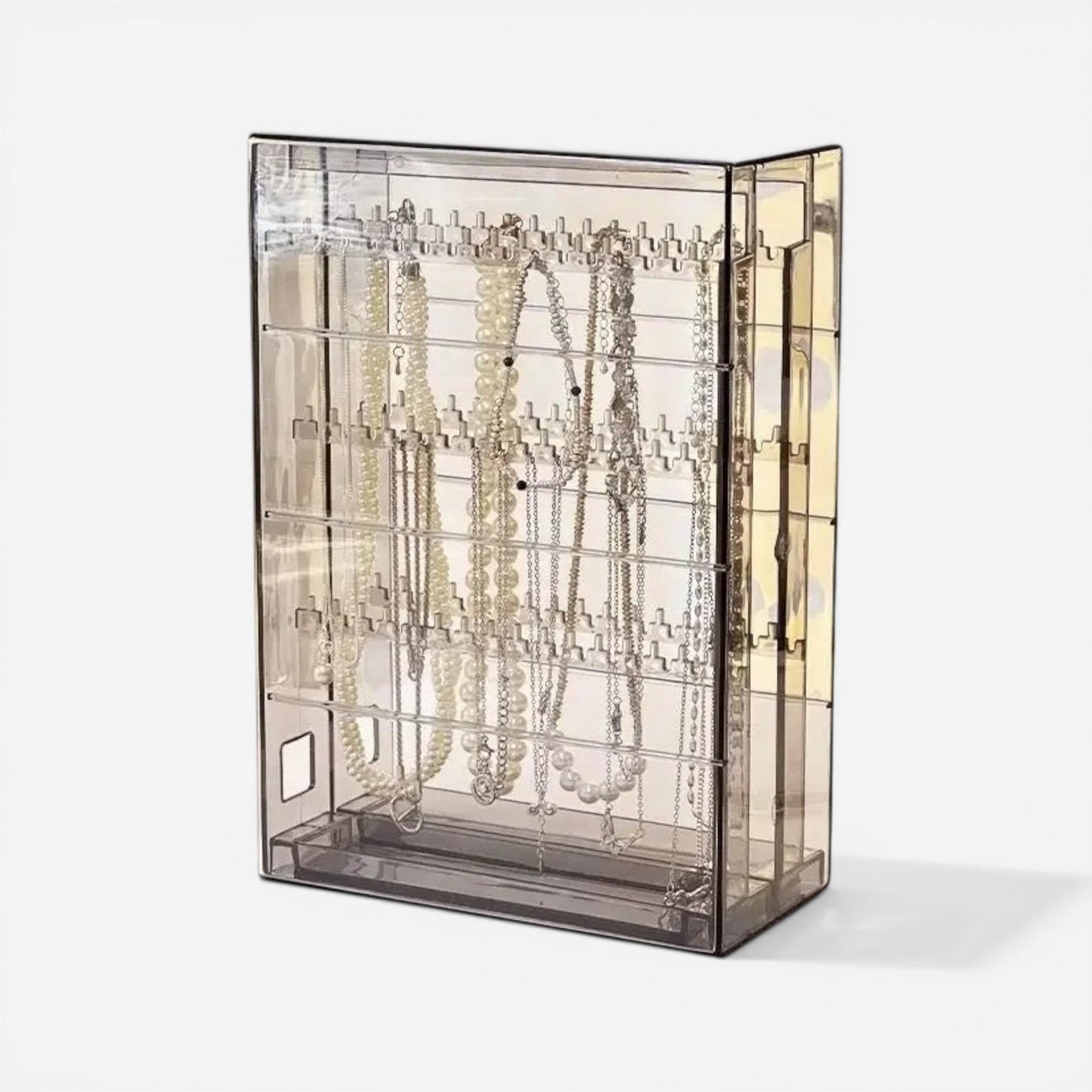 présentoir à bijoux transparent vue de côté avec structure pour rangement de bijoux