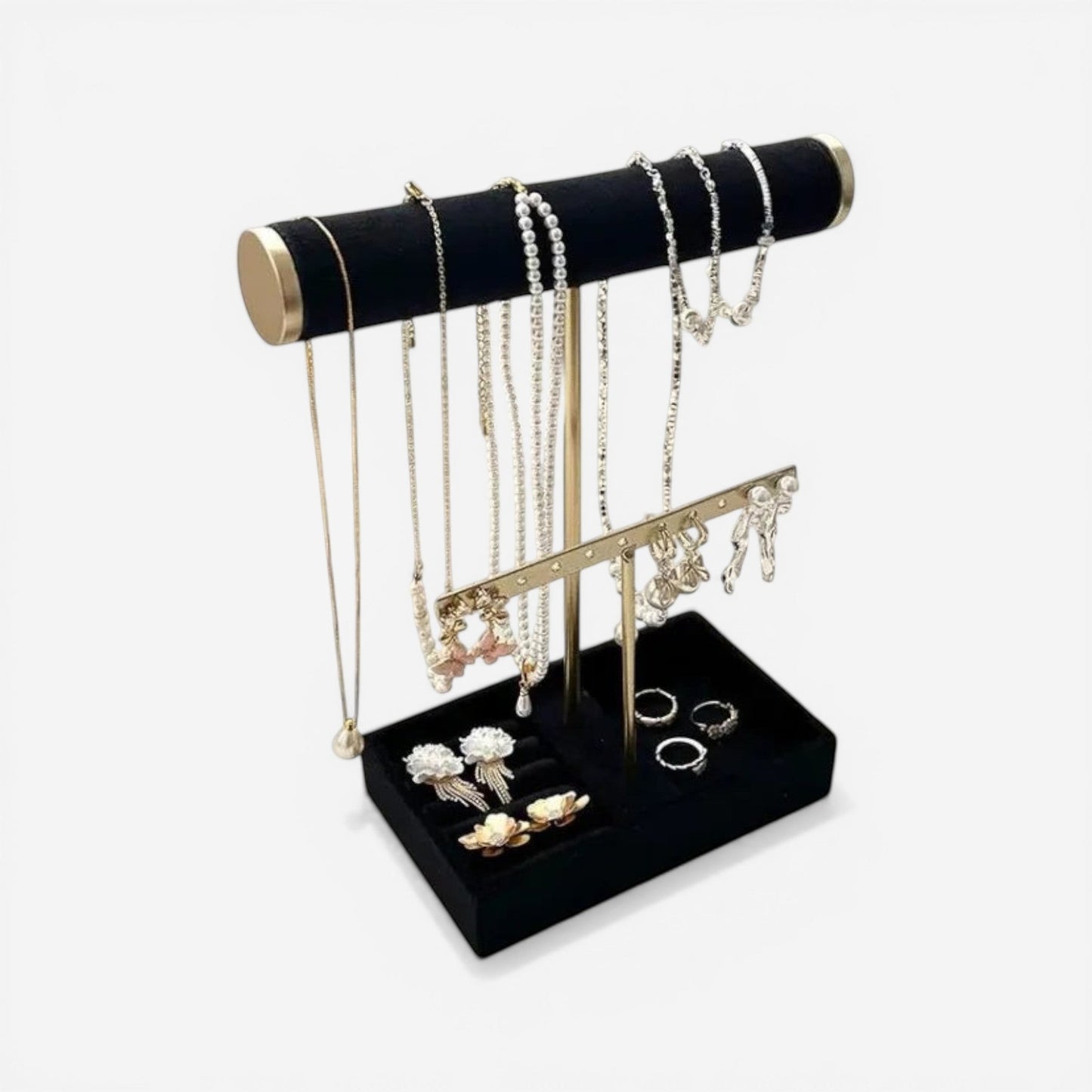 Présentoir à bijoux en velours avec support pour colliers et bracelets, parfait pour une présentation élégante en boutique ou à la maison.