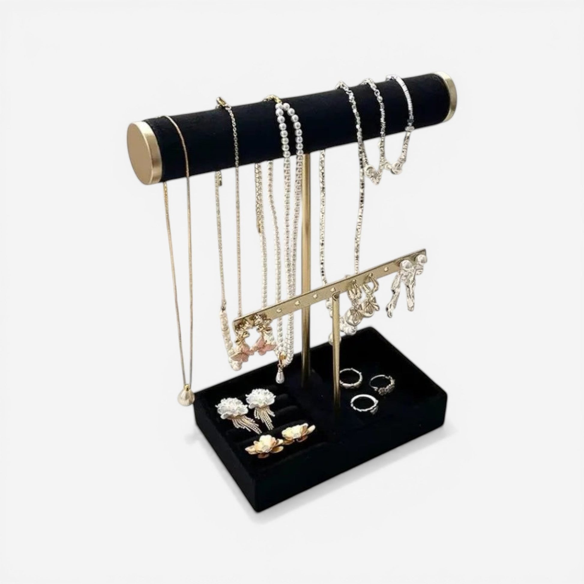 Présentoir à bijoux en velours avec support pour colliers et bracelets, parfait pour une présentation élégante en boutique ou à la maison.