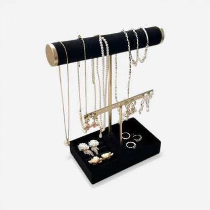 Présentoir à bijoux en velours avec support pour colliers et bracelets, parfait pour une présentation élégante en boutique ou à la maison.
