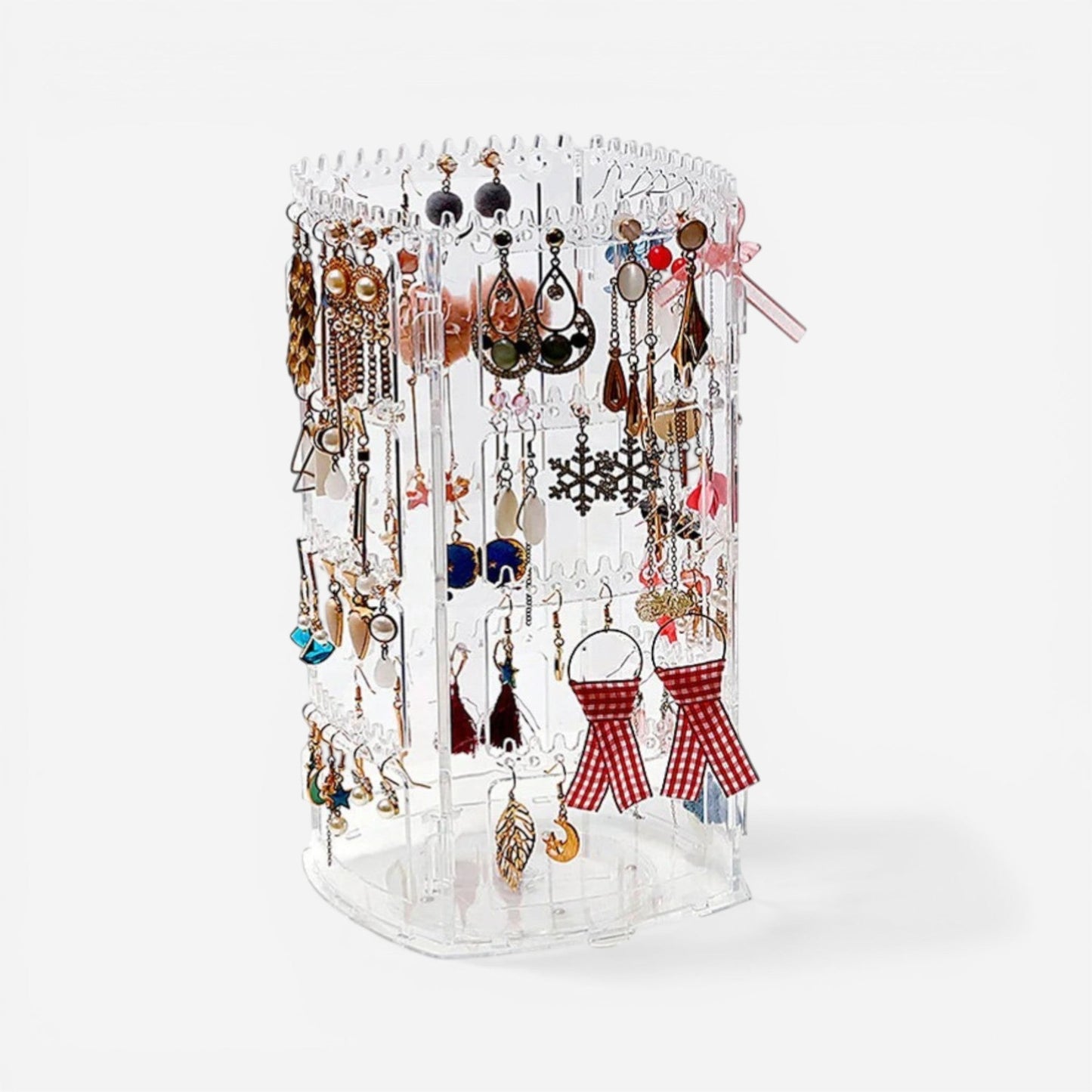 Présentoir compact à boucles d’oreilles rotatif à 360°, en plastique blanc, pour un rangement pratique des bijoux.