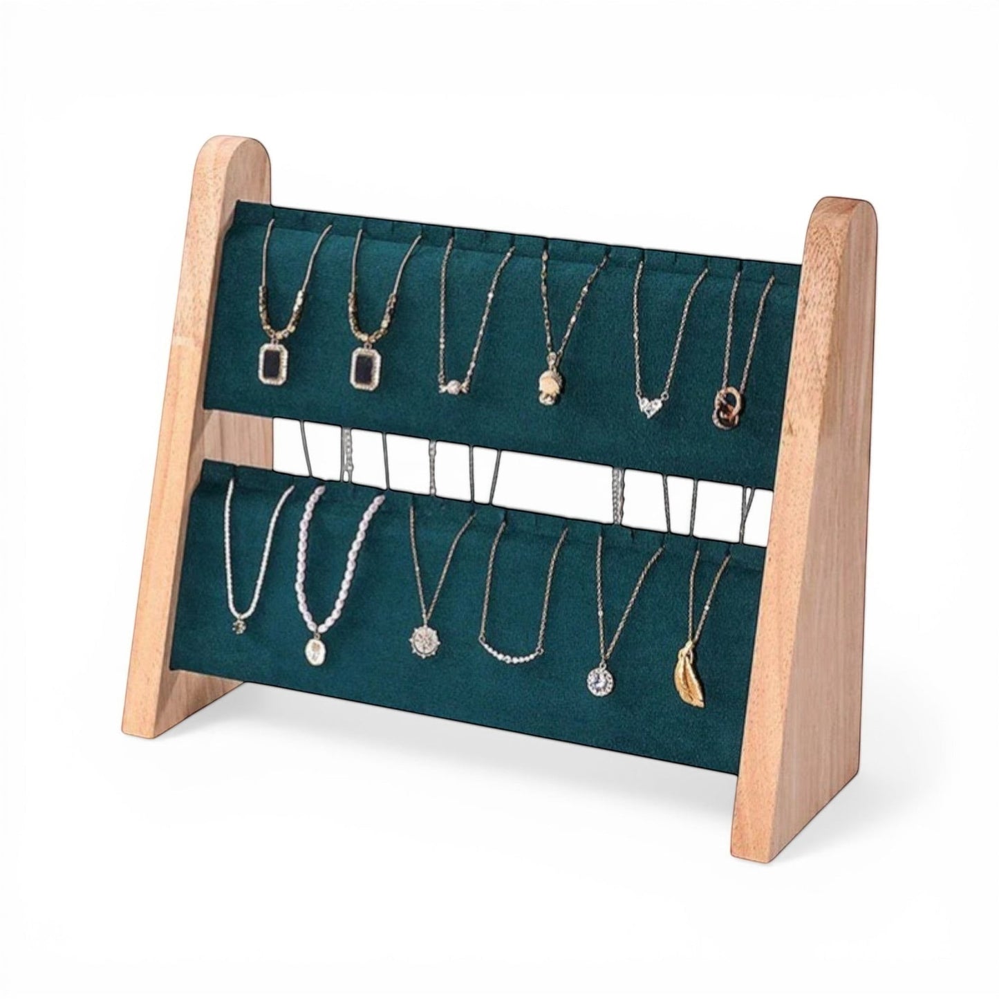 Présentoir à colliers vert avec structure en bois et rangement pour plusieurs bijoux.