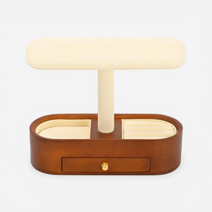 Présentoir de montre et bijoux en bois, avec support en velours beige, pour exposer accessoires.