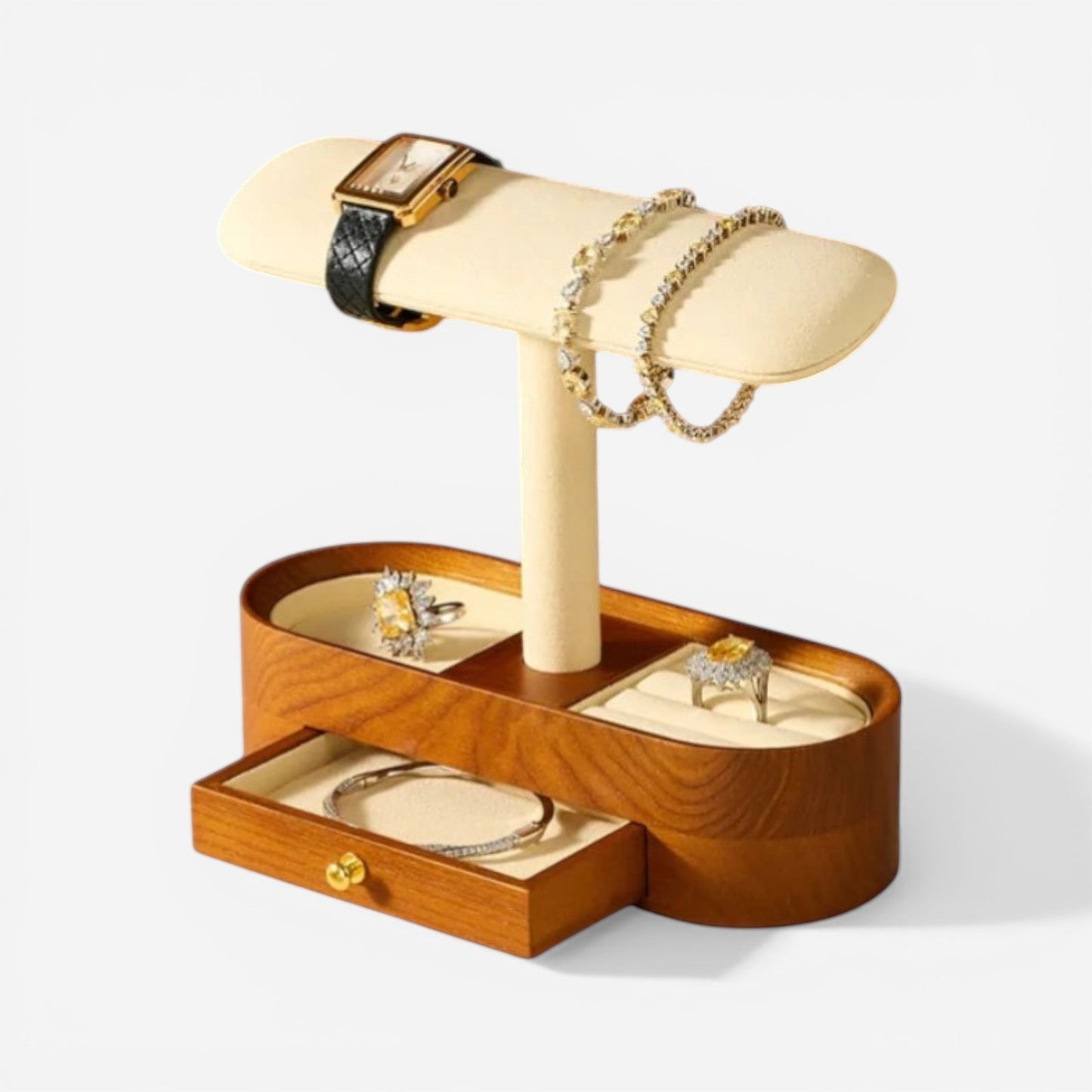 Présentoir de montre et bijoux en bois, avec support en velours, pour exposer bracelets et accessoires.