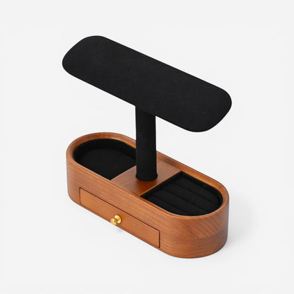 Présentoir compact de montre et bijoux en bois, avec support en velours noir, pour organiser accessoires.