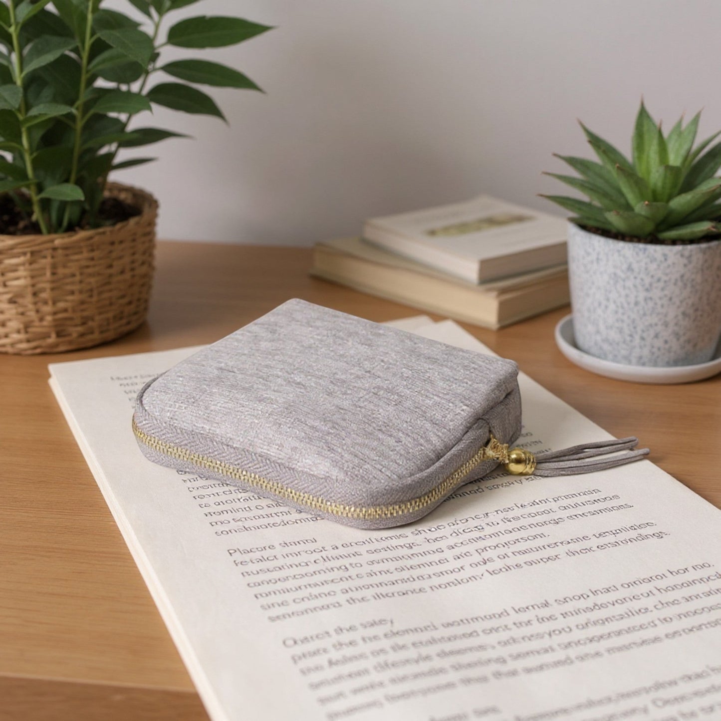 Sac organisateur de bijoux en velours gris avec fermeture zippée et pompon, posé sur une table.