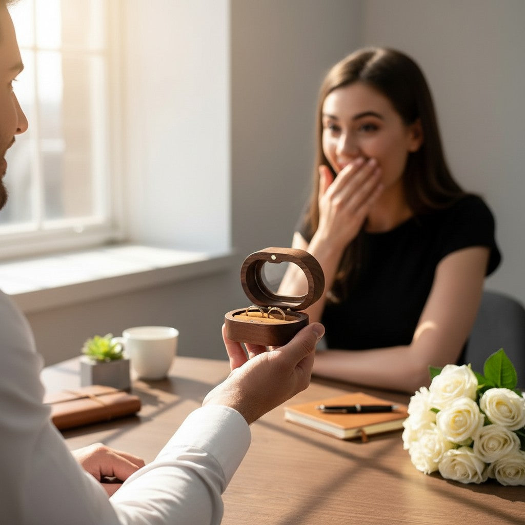 Un homme offre une bague dans une boîte en bois ovale SecretGleam à une femme émue lors d'une demande en mariage.