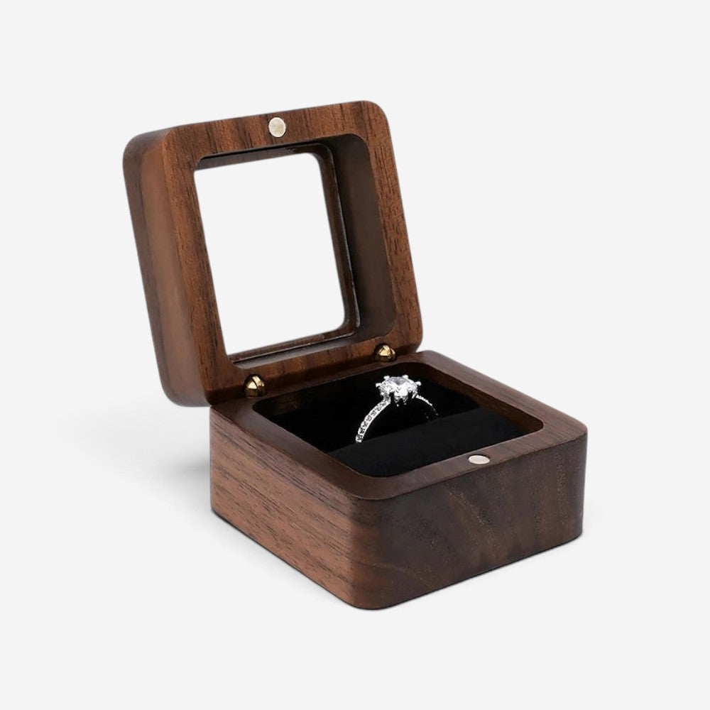 Boîte à bagues en bois SecretGleam avec couvercle vitré et intérieur en velours noir pour bague de fiançailles