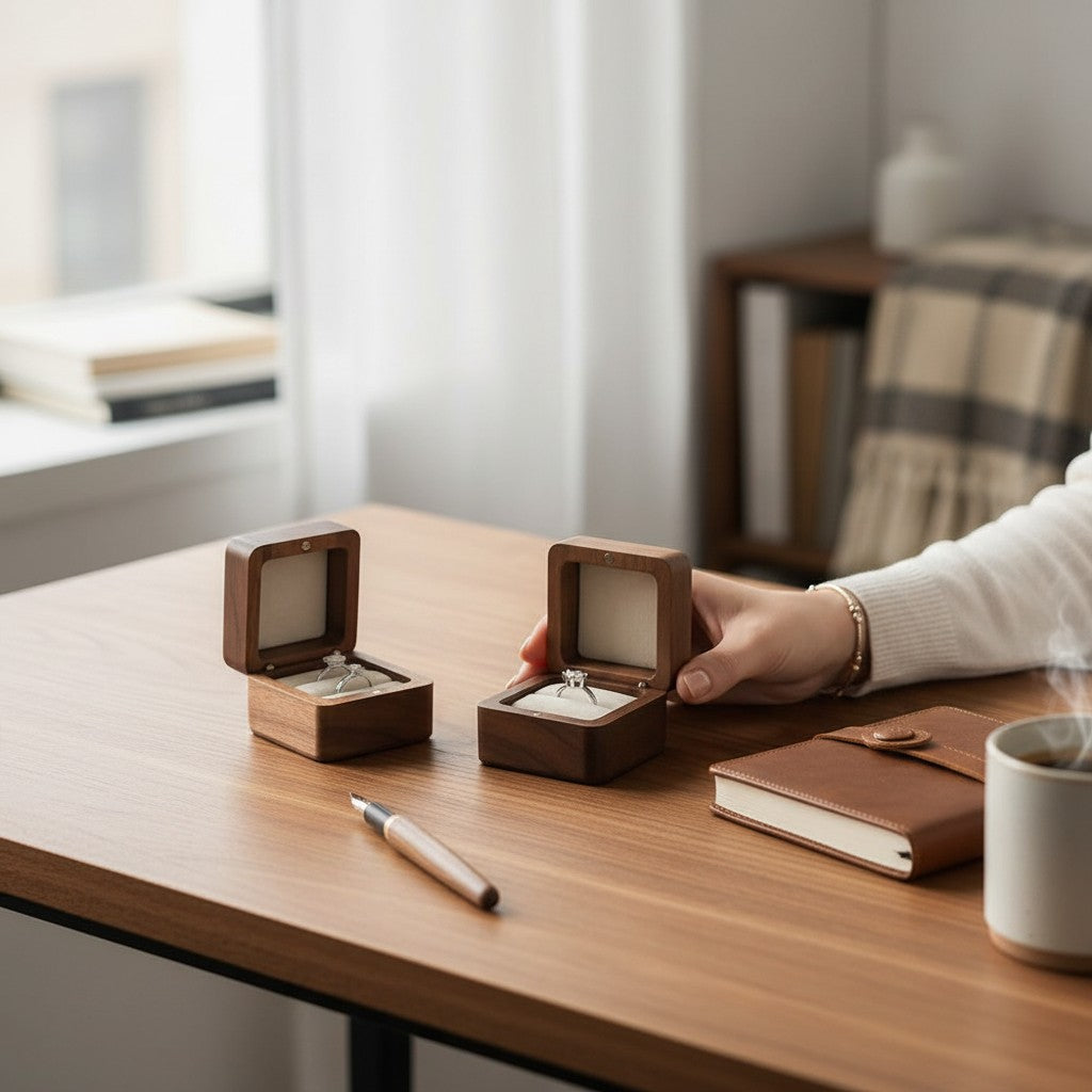 Boîte à bagues en bois SecretGleam avec intérieur en velours, posée sur un bureau en bois pour une demande en mariage