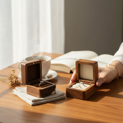 Boîte à bagues en bois SecretGleam avec intérieur en velours, idéale pour fiançailles sur une table ensoleillée