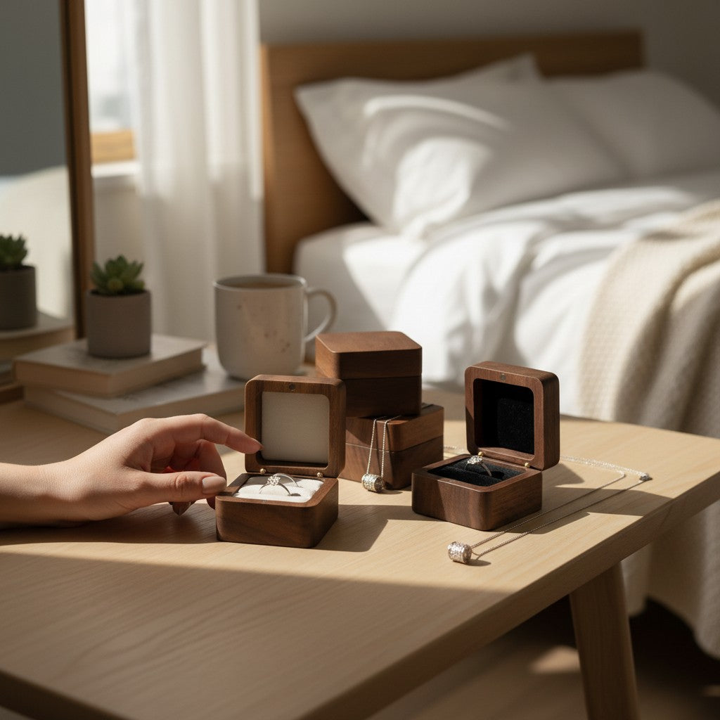 Boîte à bagues en bois SecretGleam avec intérieur en velours, posée sur une table en bois dans une chambre lumineuse.