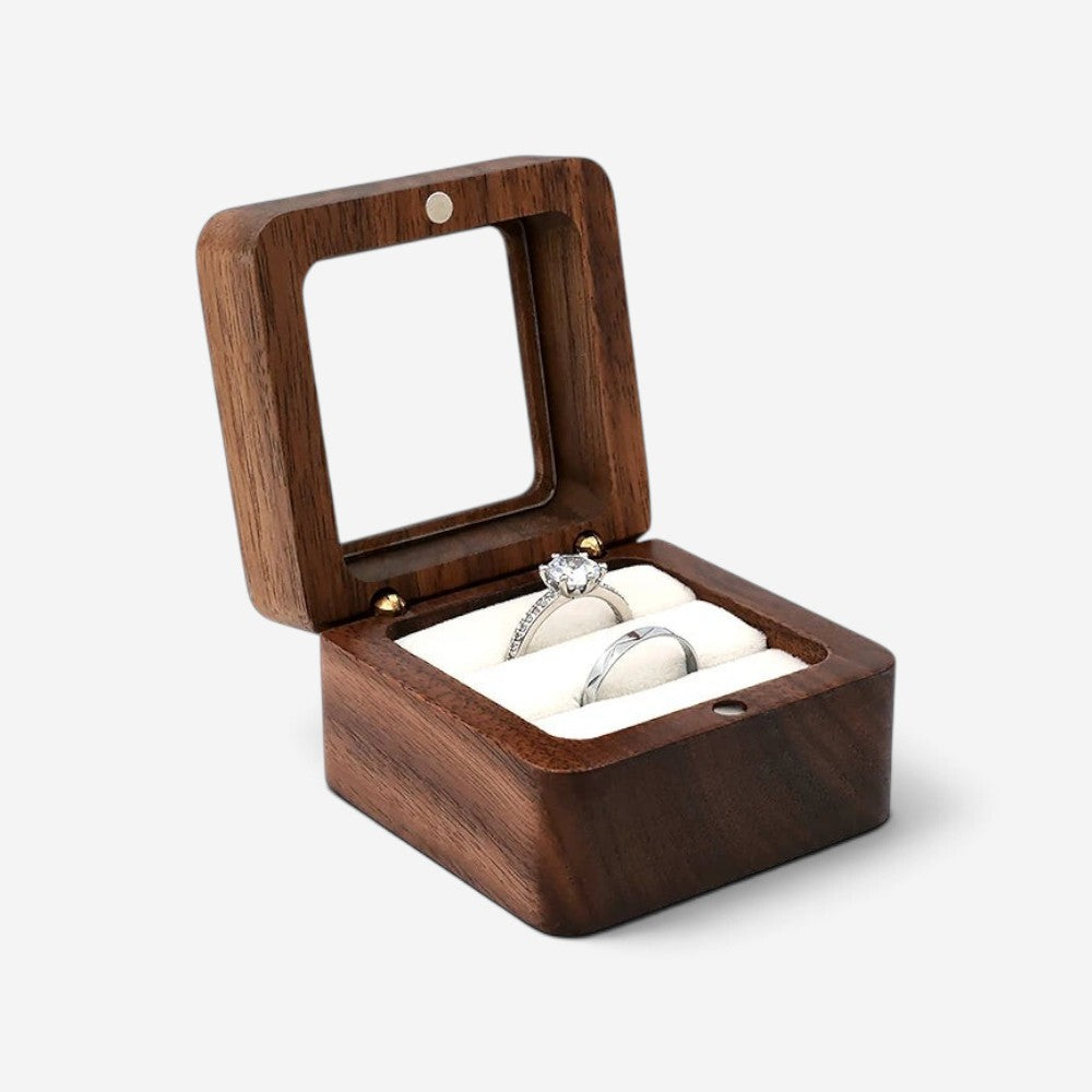 Boîte à bagues en bois SecretGleam avec couvercle vitré et intérieur en velours blanc pour bagues de fiançailles