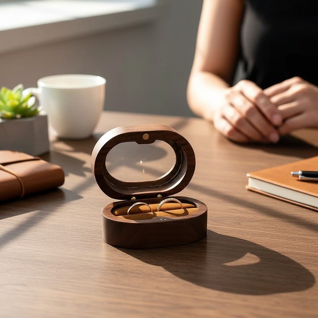 Boîte à bagues ovale en bois SecretGleam avec couvercle transparent, idéale pour fiançailles sur un bureau en bois