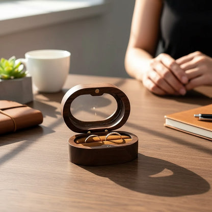 Boîte à bagues ovale en bois SecretGleam avec couvercle transparent, idéale pour fiançailles sur un bureau en bois