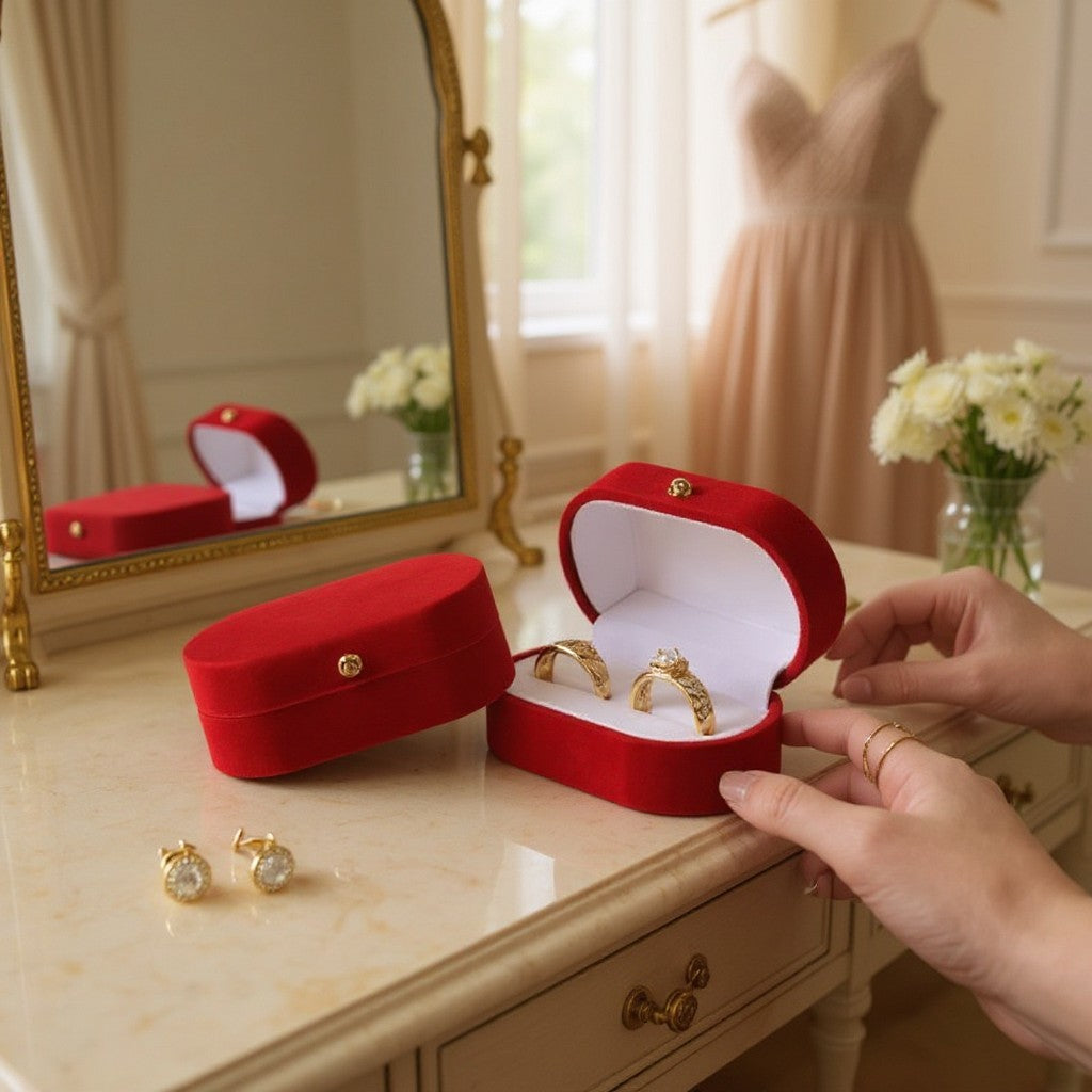 Boîte à bagues SecretGleam vintage en velours rouge avec deux bagues dorées sur une coiffeuse élégante