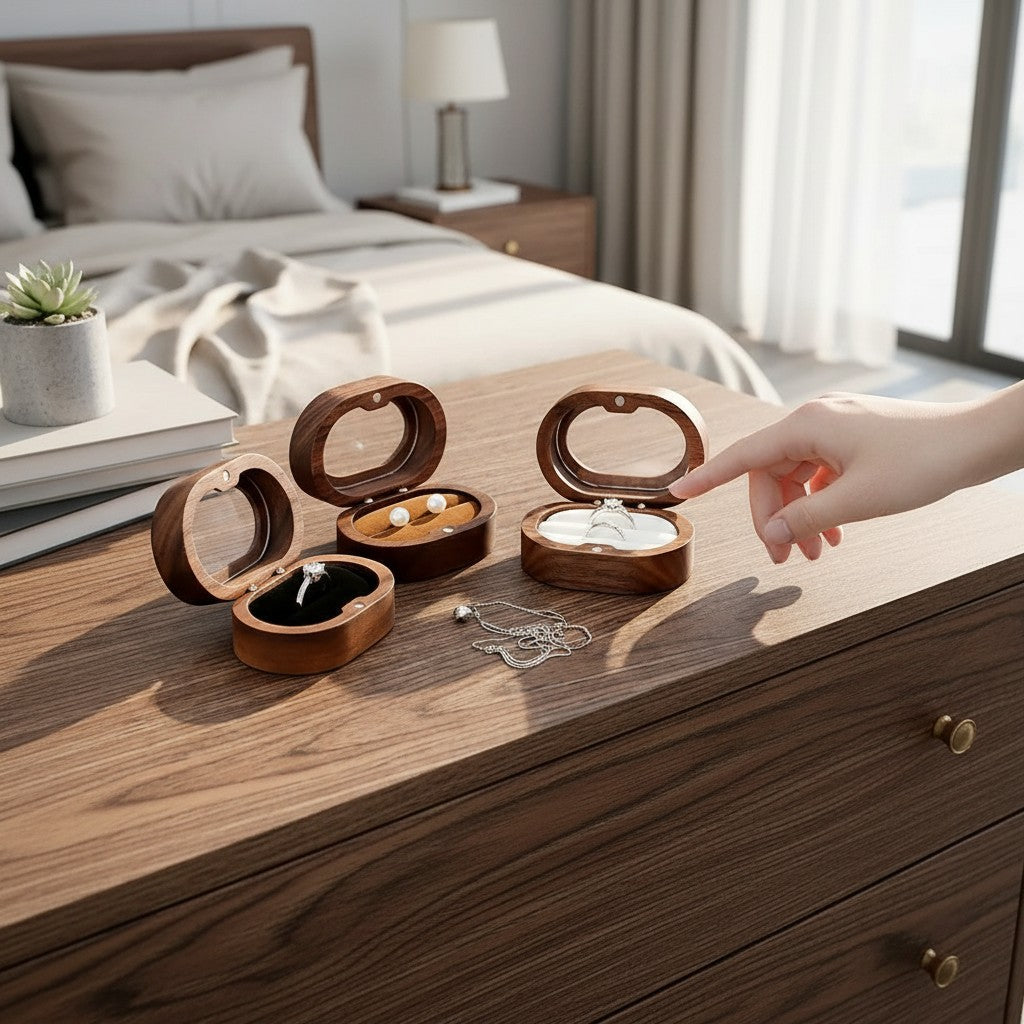 Boîtes à bijoux ovales en bois SecretGleam sur une commode, présentant des bagues et des perles dans une chambre.