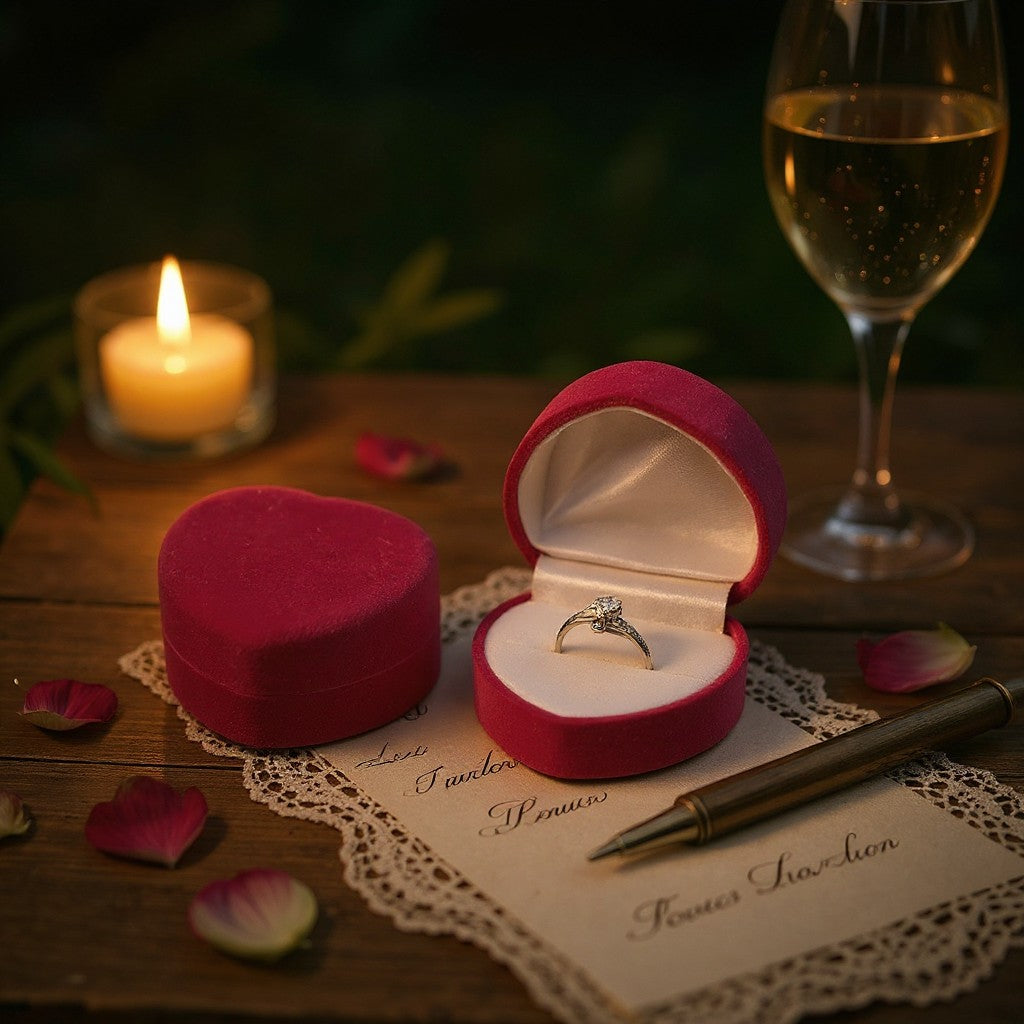 Boîte à bijoux SecretGleam en velours rouge en forme de cœur avec une bague de fiançailles sur une table romantique