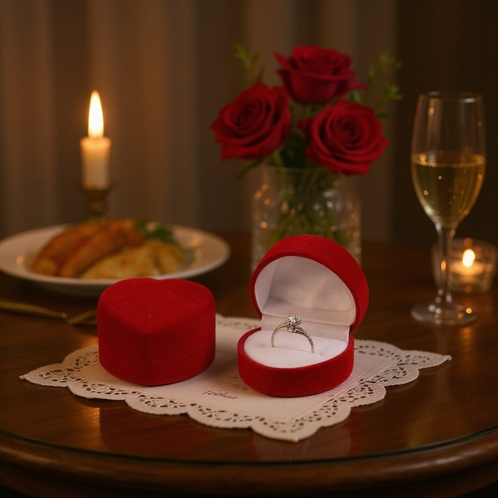 Boîte à bijoux SecretGleam en velours rouge en forme de cœur avec une bague de fiançailles sur une table romantique