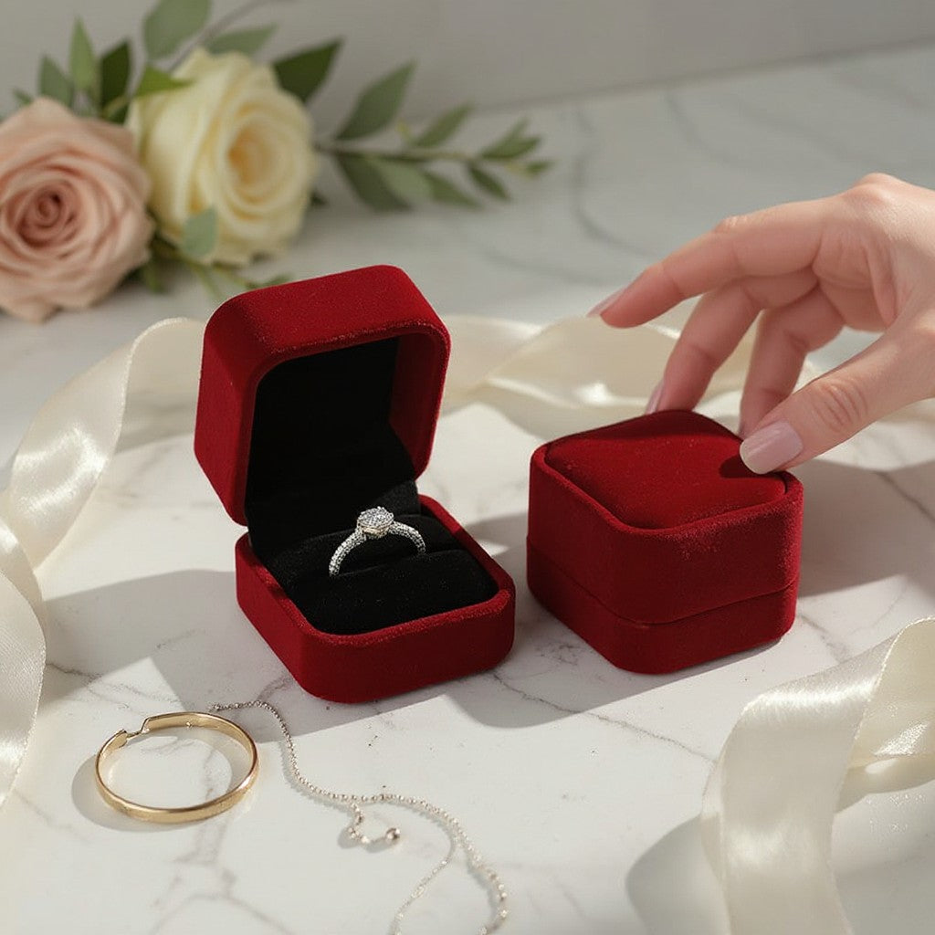 Boîte à bijoux SecretGleam carrée en velours rouge contenant une bague, posée sur une table en marbre avec des fleurs.