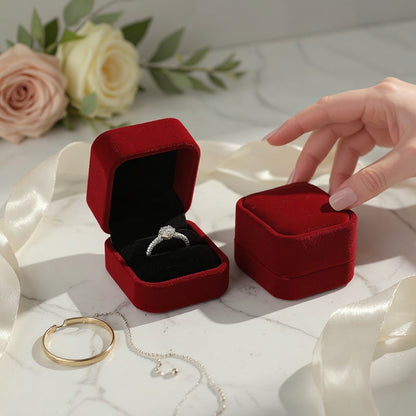 Boîte à bijoux SecretGleam carrée en velours rouge contenant une bague, posée sur une table en marbre avec des fleurs.
