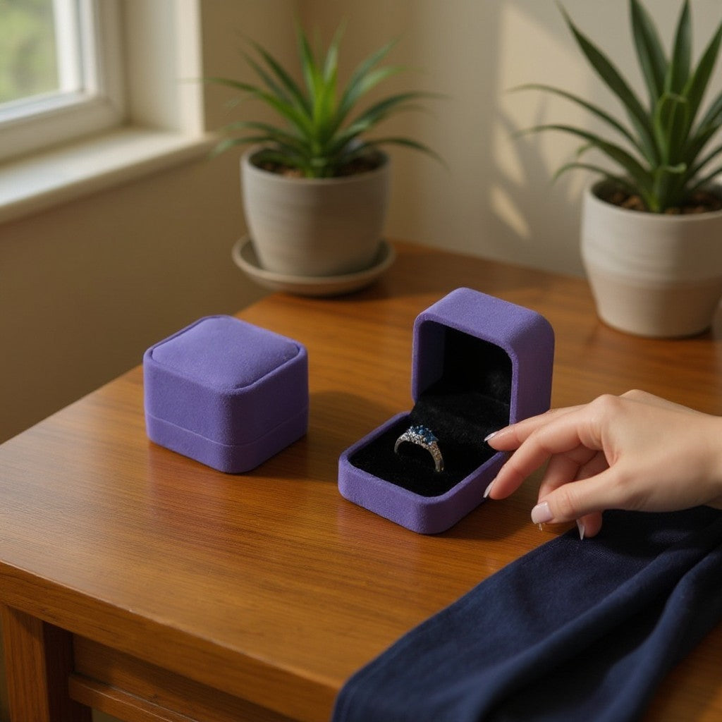 Boîte à bijoux carrée SecretGleam en velours violet avec une bague à l'intérieur sur une table en bois