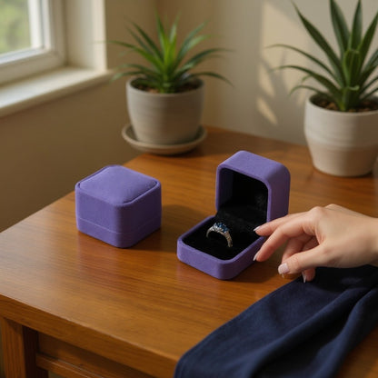 Boîte à bijoux carrée SecretGleam en velours violet avec une bague à l'intérieur sur une table en bois