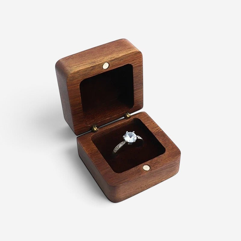 Écrin à bague carré SecretGleam en bois vintage avec fermeture magnétique pour demande en mariage