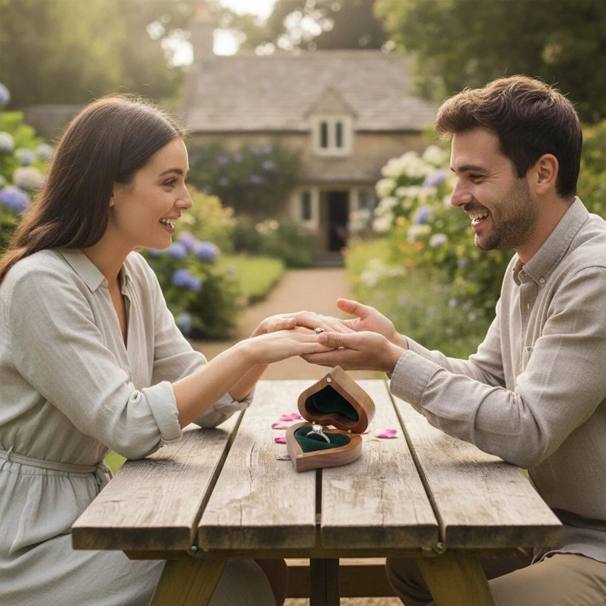 Couple souriant lors d'une demande en mariage avec un écrin à bague SecretGleam rond en bois clair sur une table