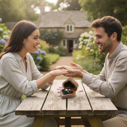 Couple souriant lors d'une demande en mariage avec un écrin à bague SecretGleam rond en bois clair sur une table