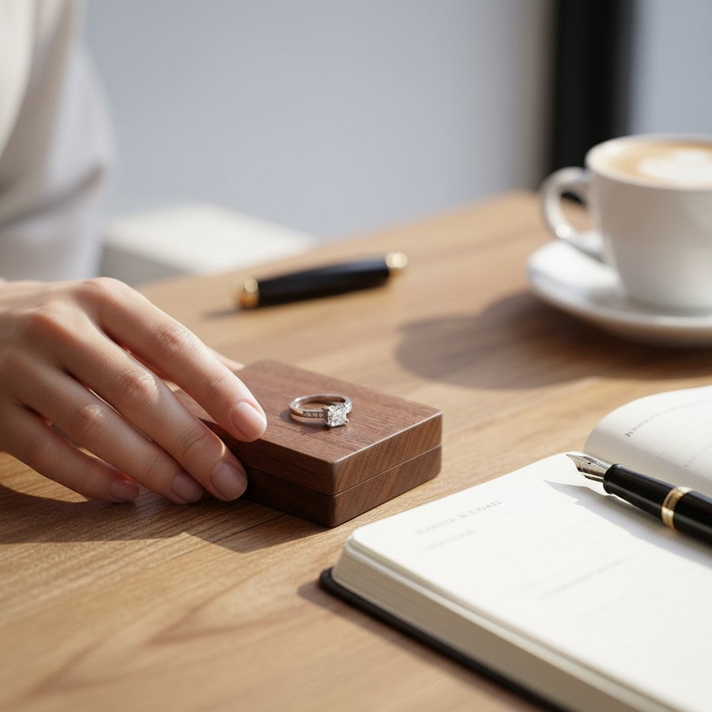 Écrin à bague pliable en bois SecretGleam posé sur une table en bois avec une bague de fiançailles dessus