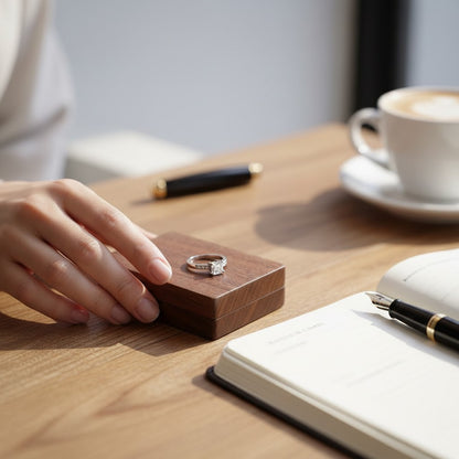 Écrin à bague pliable en bois SecretGleam posé sur une table en bois avec une bague de fiançailles dessus