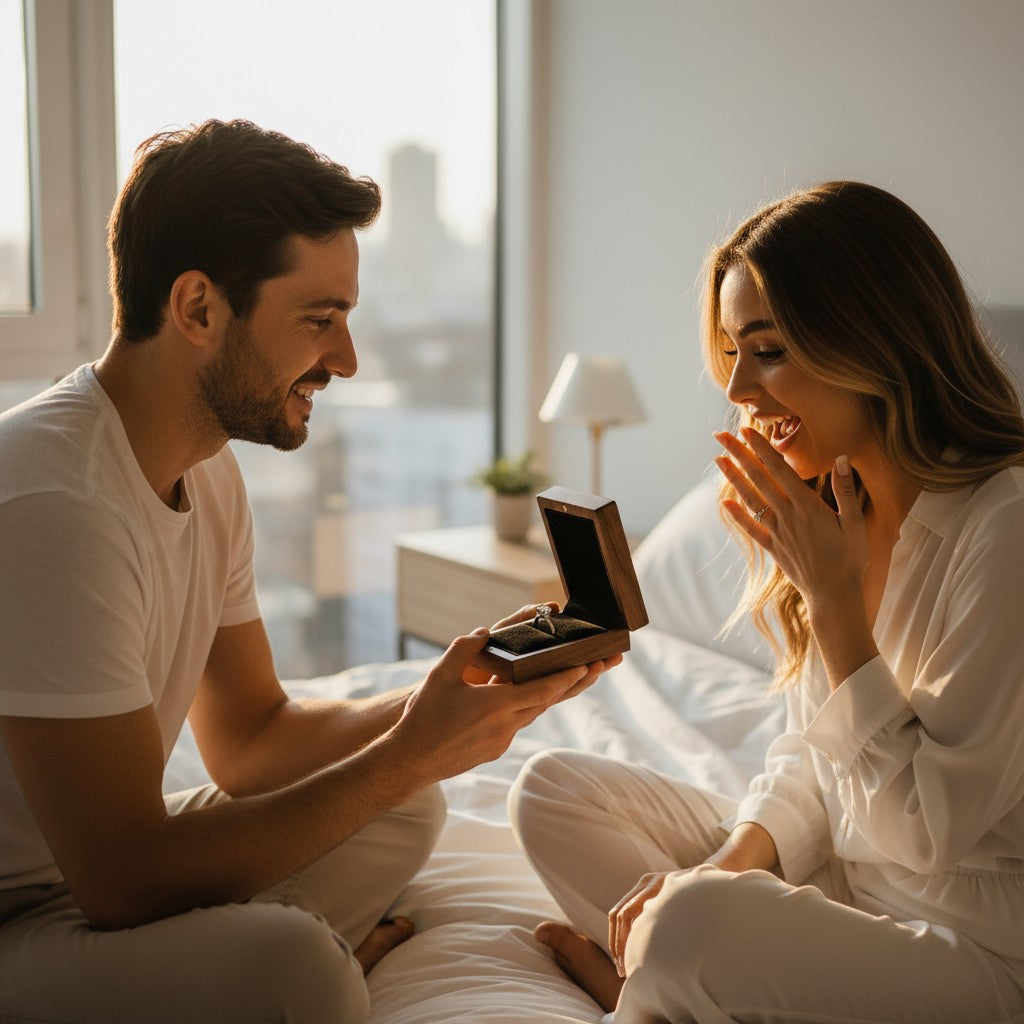 Homme offrant une bague dans un écrin pliable en bois SecretGleam à une femme surprise sur un lit