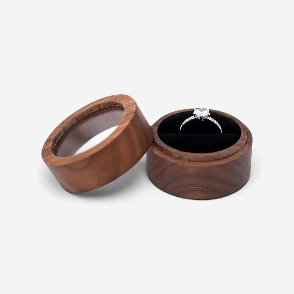Écrin à bague rond en bois SecretGleam avec couvercle transparent et intérieur en velours noir pour demande en mariage