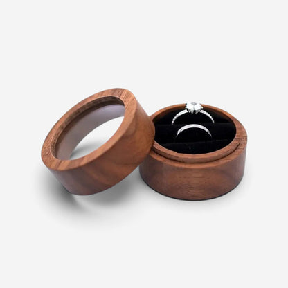 Écrin à bague rond en bois SecretGleam avec couvercle transparent et intérieur en velours noir pour deux bagues